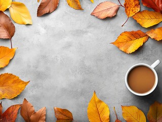 Autumn background with maple leaves, coffee, latte or cappuccino, nutmeg and cinnamon situated over a grey background.