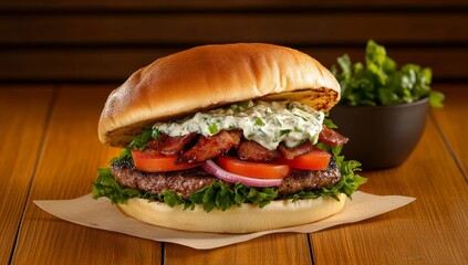 Greek-style burger with lamb patty, fresh cucumber, and red onion on empty wooden table