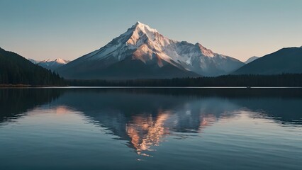 A panoramic view of a snow-capped mountain reflected in a crystal-clear lake. The surrounding forest is lush green, and the sky is a clear blue