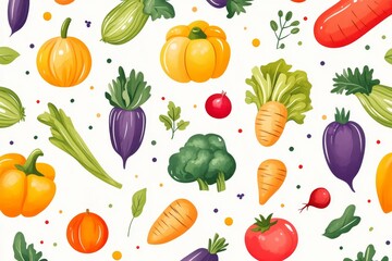 Fototapeta premium cartoon various vegetables pattern, colorful and joy white background