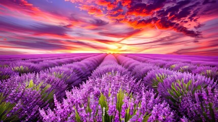 Naklejka premium Breathtaking sunset over a tranquil lavender field with vibrant colors and serenity