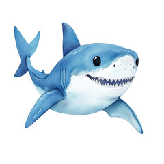 Obraz premium Cheerful Cartoon Shark Swimming in Ocean Blue Water