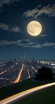 A serene and vivid full moon, aglow with a soft, creamy light. Below, the sprawling big city stretches out, a tapestry of twinkling lights, with towering skyscrapers and bustling streets