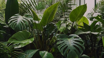 A tropical-themed design showcasing various types of palm leaves, including monstera, banana, and fan palm leaves