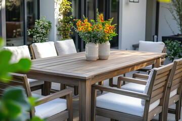 Obraz premium Outdoor dining area with modern wooden furniture in a garden setting