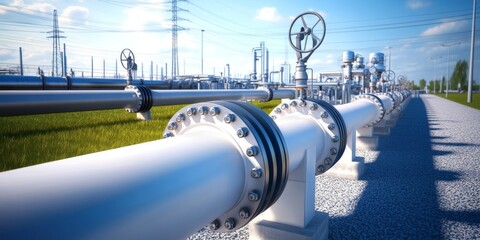 Horizontal gas pipeline with large pipes and metallic components in the background