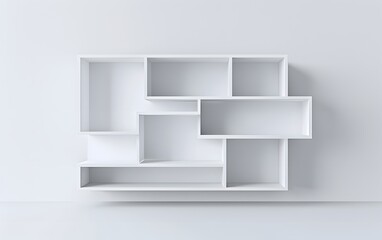 A side view 3D render of a modern white shelving unit with simple, clean lines.