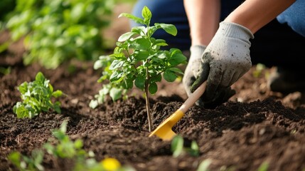 Naklejka premium Planting a sapling in a garden bed