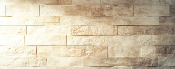 Fototapeta premium A smooth, beige brick wall with subtle textures, bathed in soft, warm light, perfect for a cozy, modern setting.