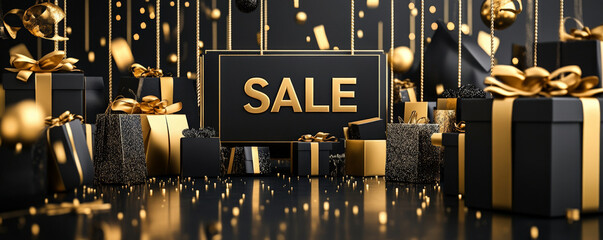 A sleek, black and gold theme with elegant "SALE" text, surrounded by luxurious shopping bags and boxes with golden ribbons, creating a high-end shopping atmosphere.