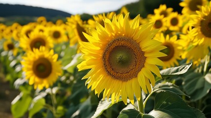 Fototapeta premium Sunflowers sunny field, golden petals basking in warm light. AI generated