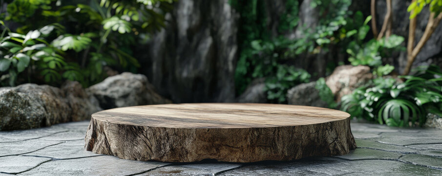 A rustic wooden podium with a rough texture, standing on a stone floor with a background of natural elements, like plants and rocks, creating an earthy, organic feel.