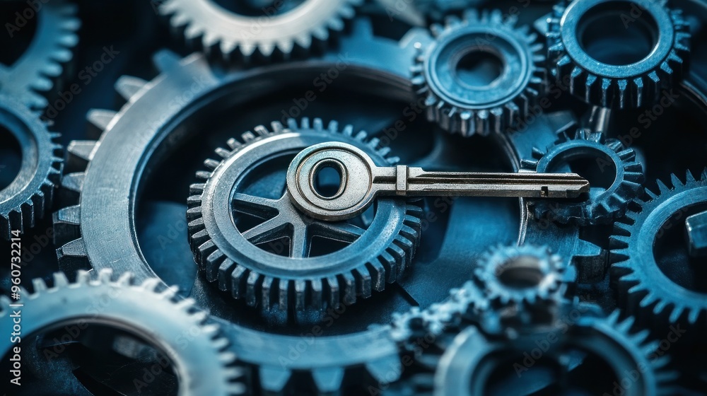 Poster key to success: a metallic key resting on a set of interlocking gears