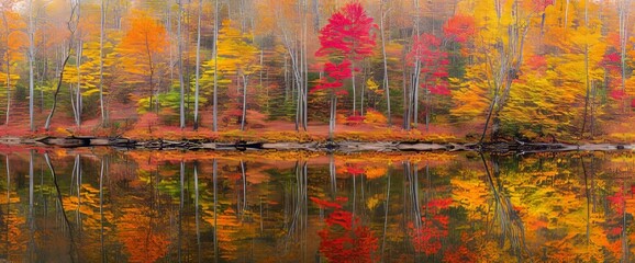 A northern Minnesota lake reflects the autumn colors of trees in autumn