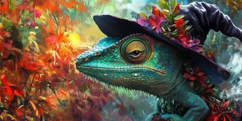 A stealthy chameleon wearing a camouflaged witch hat, blending into a colorful, magical jungle.