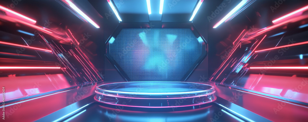 Poster a futuristic podium made of transparent glass, set against a high-tech background with glowing lines