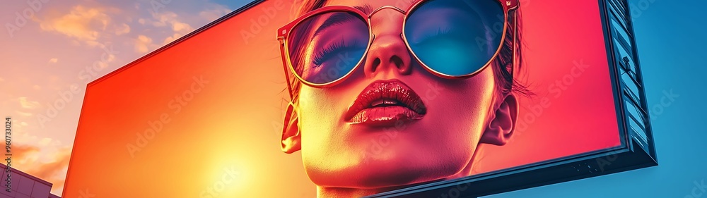 Poster dynamic tilted view of vibrant creative ad on massive billboard with sharp clarity and bright colors