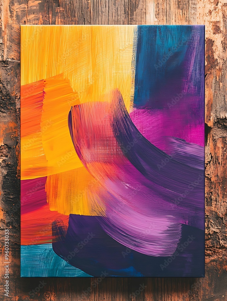 Poster dynamic brush strokes abstract art on canvas in pencil style with vibrant colors on wooden backgroun