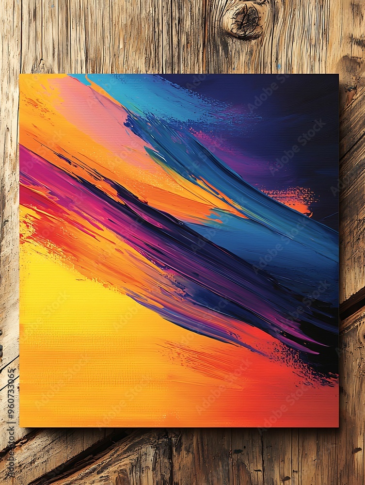 Poster energetic color pencil style abstract art on canvas with dynamic brush strokes - top view on wooden 