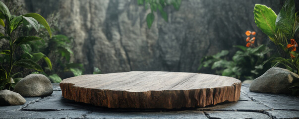 A rustic wooden podium with a rough texture, standing on a stone floor with a background of natural elements, like plants and rocks, creating an earthy, organic feel.