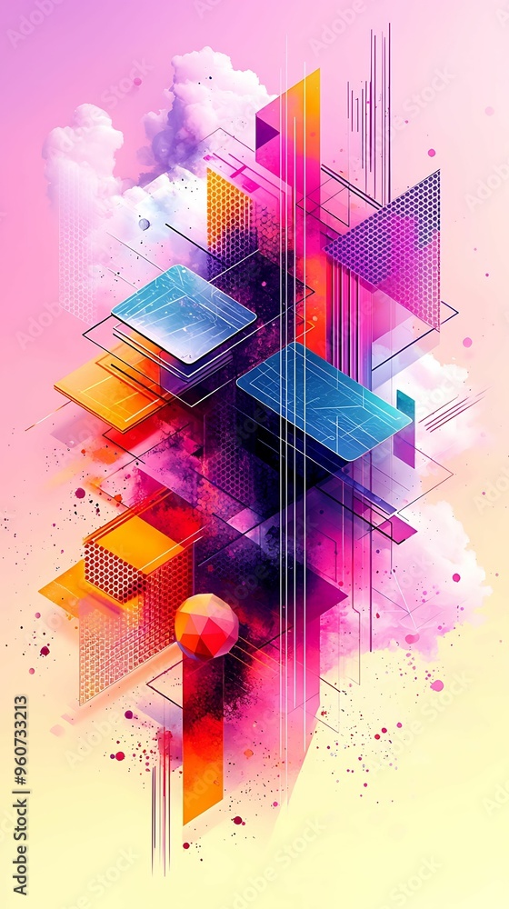 Aufkleber dynamic graphic design concept in isometric view with vibrant colors and geometric shapes on pastel 