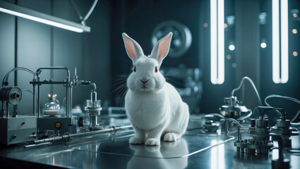 White rabbit in a futuristic lab environment, surrounded by advanced scientific equipment