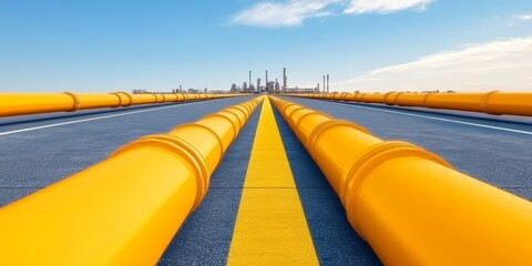 Yellow oil and gas pipes leading to industrial plant against blue sky