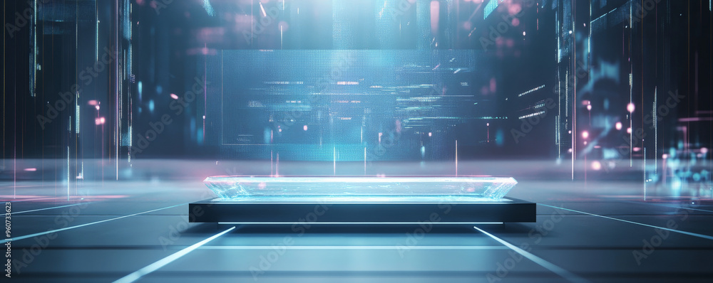 Poster a futuristic glass podium with sharp, angular edges, set against a high-tech background with glowing