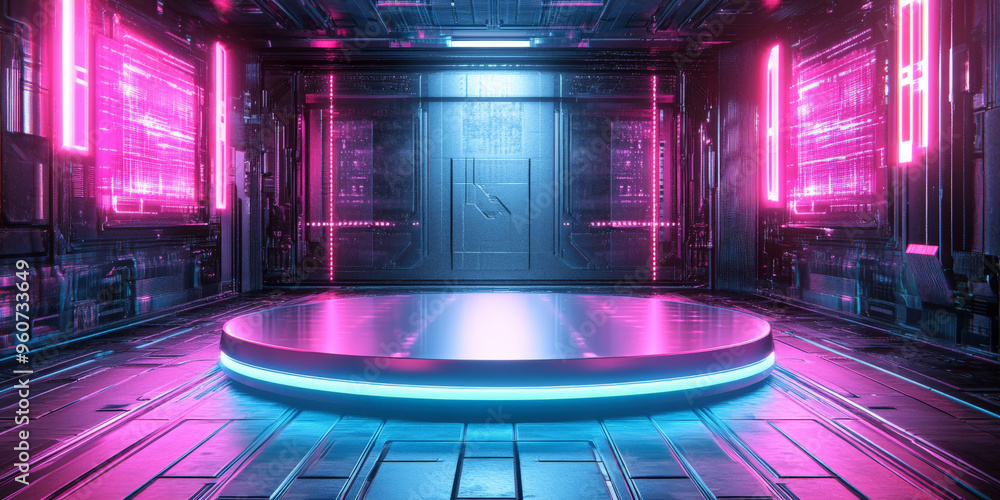 Poster a futuristic podium with a glass surface and metallic base, placed against a high-tech background wi