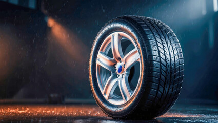 A tire in the rain illuminated by warm lights, symbolizing durability in tough weather conditions