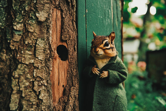 Stylish hobo squirrel, chipmunk in vintage woolen green coat standing near a hole in tree trunk in fall season wood. Modest humble shy forest animal. - Powered by Adobe