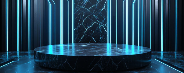 A black marble podium with a polished surface, set against a futuristic backdrop with glowing blue neon lines and abstract patterns.