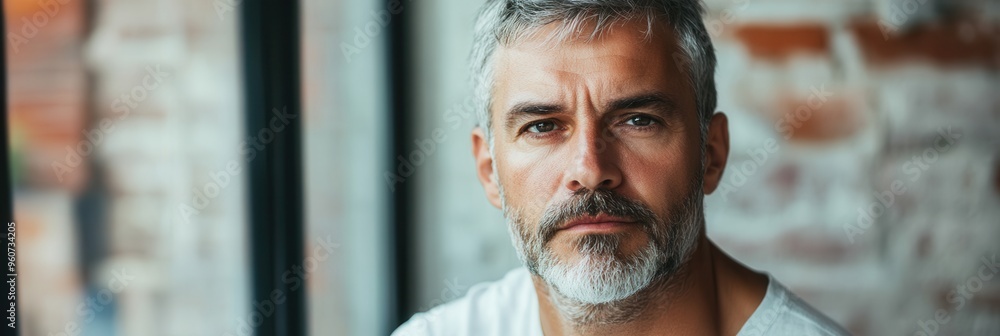 Poster a man with a serious expression gazes thoughtfully while sitting indoors, contemplating his life in 