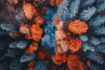 Panorama of autumn river and forest with colorful red, orange and yellow trees in a mixed coniferous forest. Gauja National Park, Sigulda, Latvia.