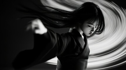 Naklejka premium Woman in a Black Kimono with Flowing Hair and a Swirling Background