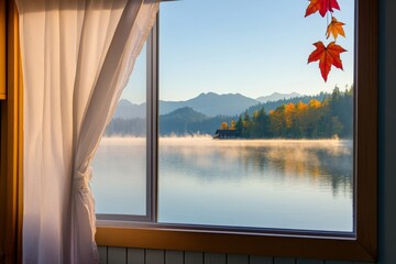 View of lake from open window with mist rising and mountains in background