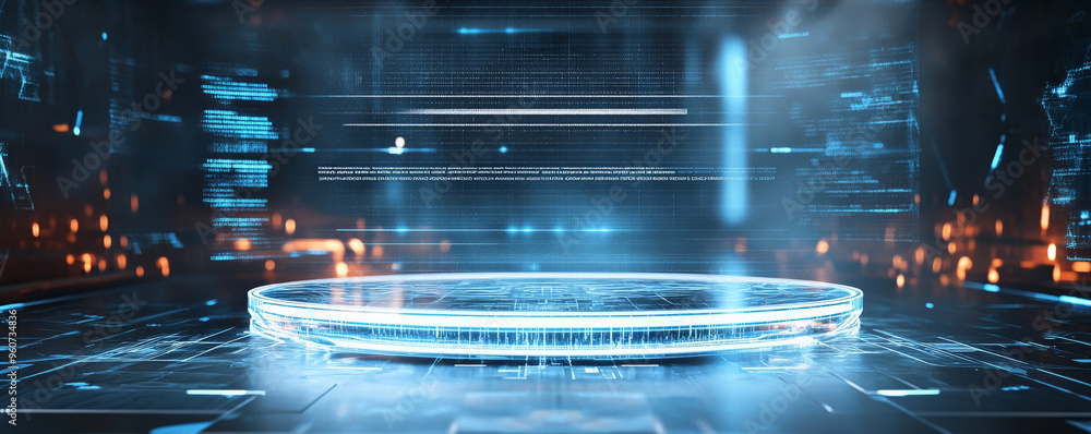 Poster a futuristic podium made of transparent glass, set against a high-tech background with glowing lines
