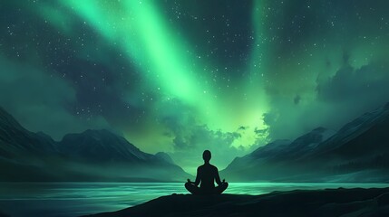 A person sitting in a lotus position, meditating with their eyes closed; a serene lake under the starry sky