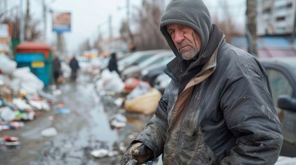 Fototapeta premium Homeless. A man in a brown jacket is shoveling trash. The scene is dirty and unkempt, with trash scattered around. The man is working hard, but the overall mood of the image is negative and unpleasant