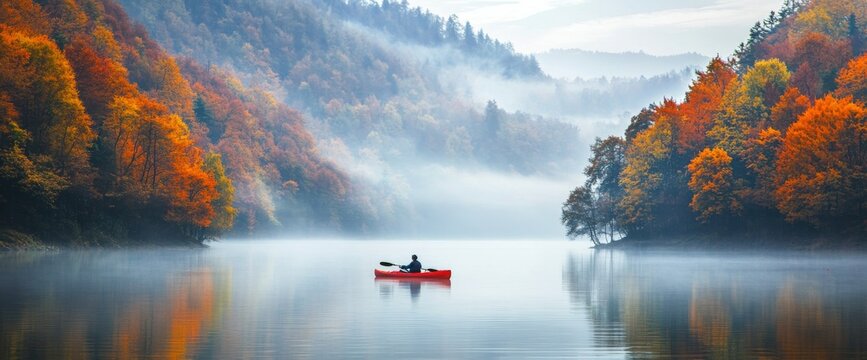 Typical autumn scene with a rower on the calm water of a lake - aerial view only visible small boat with serene water around. Stock photo.