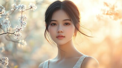 Portrait of a Young Woman with Long Dark Hair in a Flowery Setting