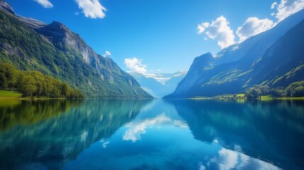 Blue water with mountain landscape
