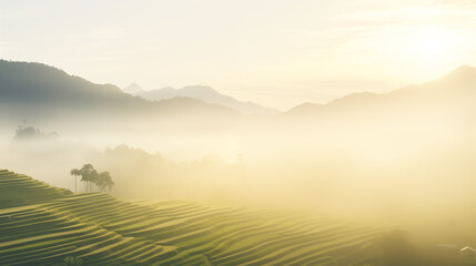 Obraz premium Misty Hills with Rice Terraces and Palm Trees at Sunrise