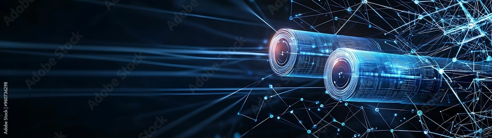 Poster futuristic big data visualization with floating cylinders and digital cloud connections on vibrant b
