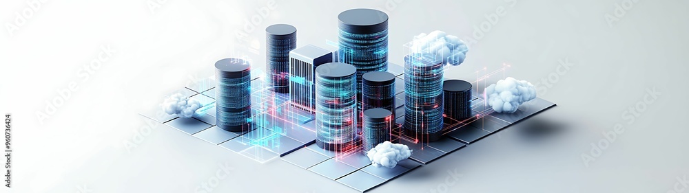 Poster data visualization concept - 3d cylinders and digital cloud nodes on pastel background