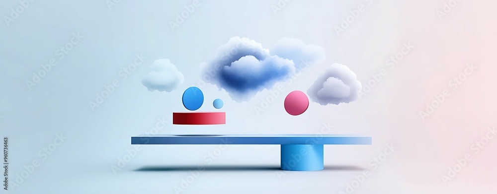 Poster ethereal balance: intricate three-dimensional shapes and cloud symbols in soft gradient space waterc