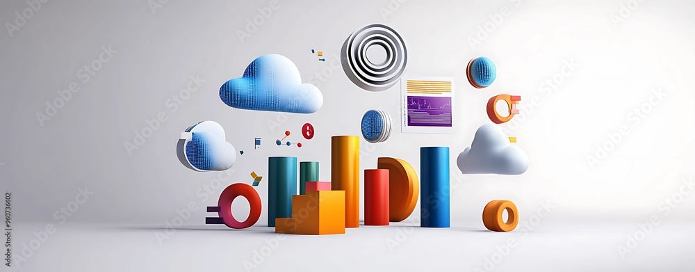 Poster immersive analysis of big data through 3d cylinders and cloud symbols in watercolor style environmen