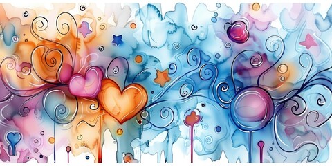 Obraz premium A pattern of cute hearts with floral swirls, abstract splashes, and vibrant colors on a soft watercolor background, for a valentine card.
