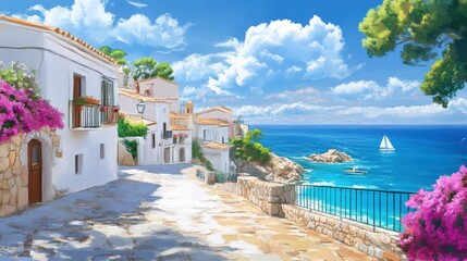 A painting of a view down the street with flowers and blue water, AI