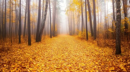Obraz premium In the morning forest, the trees have yellow and orange leaves. Beautiful backdrop.